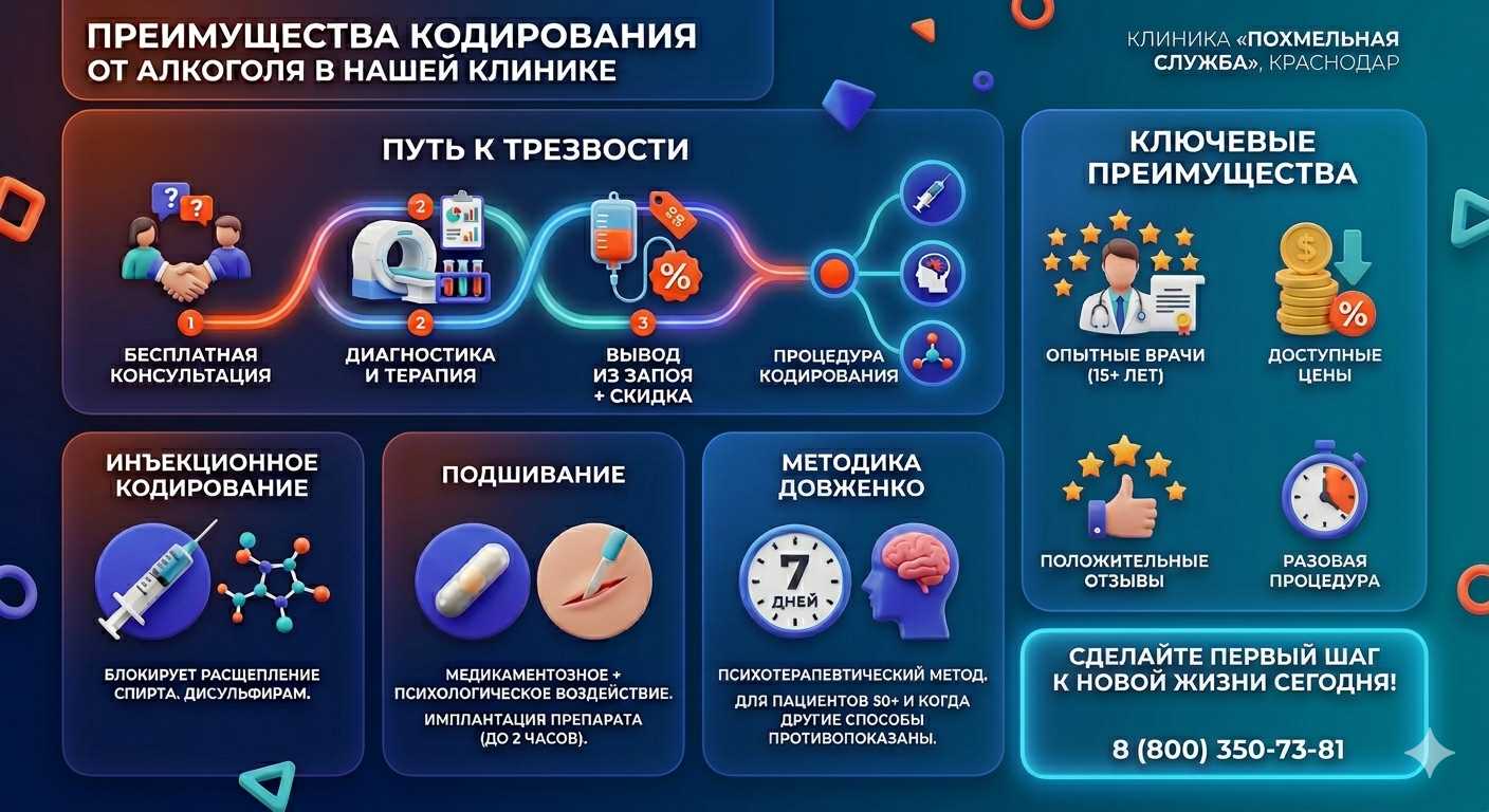 Инфографика о методах кодирования от алкоголя в Минске: инъекции, подшивание, метод Довженко. Преимущества клиники и этапы лечения.